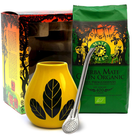ZESTAW YERBA MATE BIO 400 g, MATERO (LOSOWY WZÓR), BOMBILLA - MATE GREEN