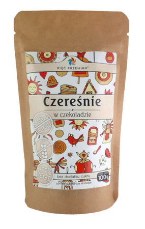 CZEREŚNIE W CZEKOLADZIE BEZ DODATKU CUKRÓW BEZGLUTENOWE 100g PIĘĆ PRZEMIAN