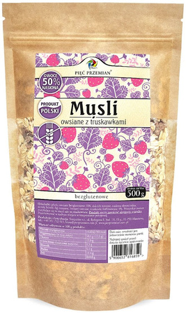 MUSLI OWSIANE TRUSKAWKA BEZ DODATKU CUKRÓW BEZGLUTENOWE 500g PIĘĆ PRZEMIAN