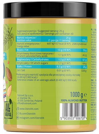 Ostrovit 100% Almond Butter 1000 g - Crunchy