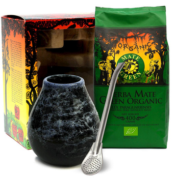 ZESTAW YERBA MATE BIO 400 g, MATERO (LOSOWY WZÓR), BOMBILLA - MATE GREEN