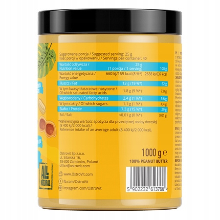 Peanut butter OstroVit 100% Peanut Cream 1000 g smooth 1000 g