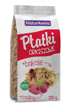 PŁATKI ORKISZOWE Z OWOCAMI TROPIKALNYMI, SŁONECZNIKIEM I MALINAMI 200 g